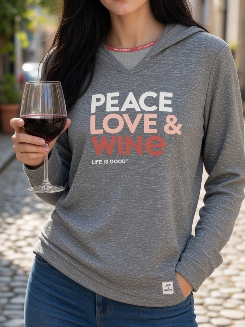 Life Is Good Gray Hoodie 'Peace Love & Wine' Graphic